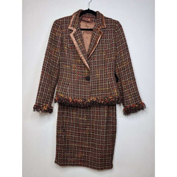VTG Renato Nucci 2pc Womens Suit Skirt Jacket Brown Boucle Tweed 42 - Picture 1 of 14